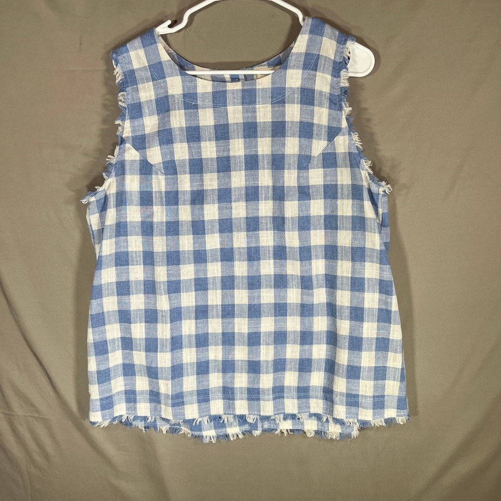 Cotton Bleu Blue White Gingham Check Fringe Tunic Top Size large - Cottagecore